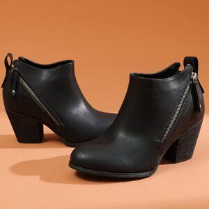 Women's Black Wide Width Ankle Mid Heel Side Zipper Booties.